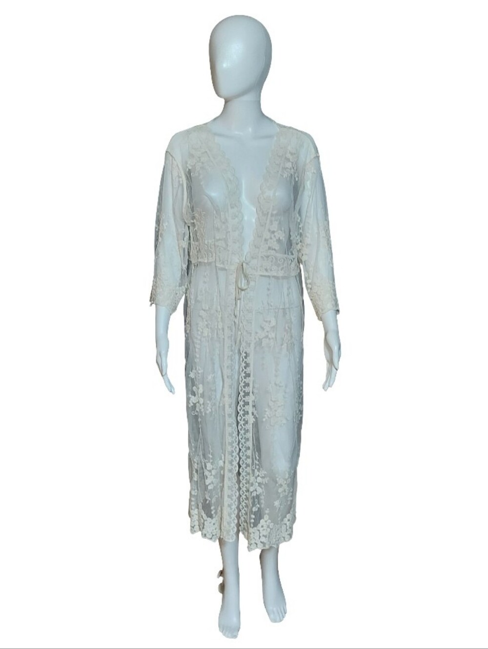 Thirty/Thirty LA Sheer Mesh Crochet Lace Kimono Tie Waist Cover Up